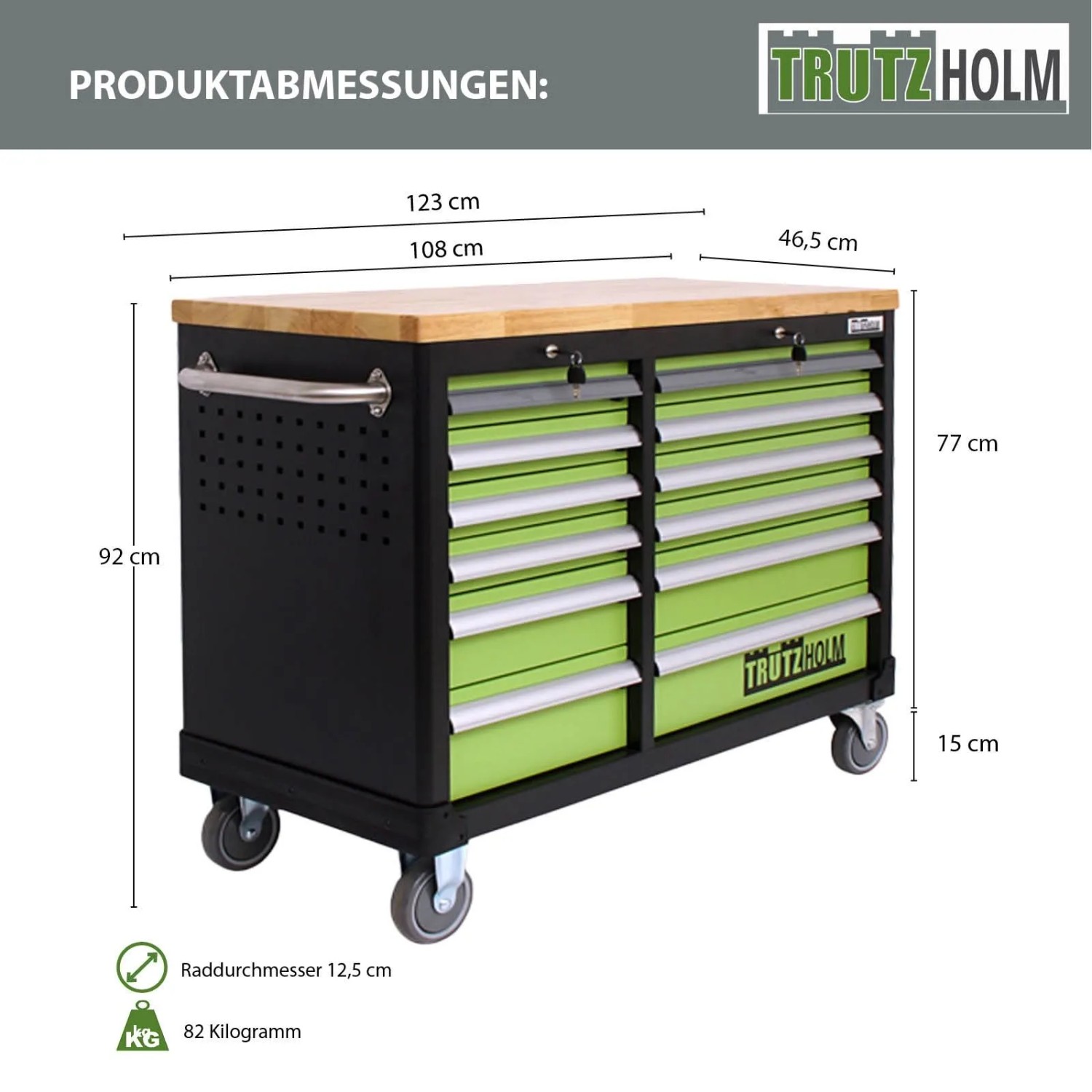 TRUTZHOLM Werkstattwagen DELUXE mit 12 Schubladen, bestückt, Arbeitsplatte aus Holz, 92x123 cm.