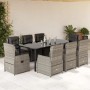 9-tlg. Garten-Essgruppe hellgrau Poly Rattan mit Tisch und 8 Stühlen mit Kissen.