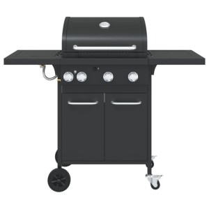Schwarzer Gasgrill mit 4 Flammen, Seitenablagen und Unterschrank auf Rollen. Ideal für Garten & Terrasse.