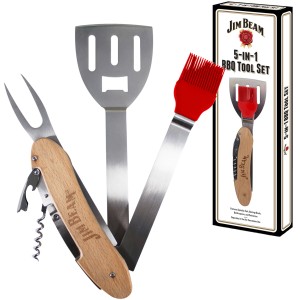 Jim Beam 5-in-1 BBQ-Werkzeug: Grillwender, Gabel, Pinsel, Korkenzieher und Öffner aus Edelstahl mit Holzgriff.