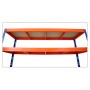 Detailansicht: Blau-oranges Schwerlastregal mit 4 Spanplatten-Ebenen. Ideal für Werkstatt und Garage.