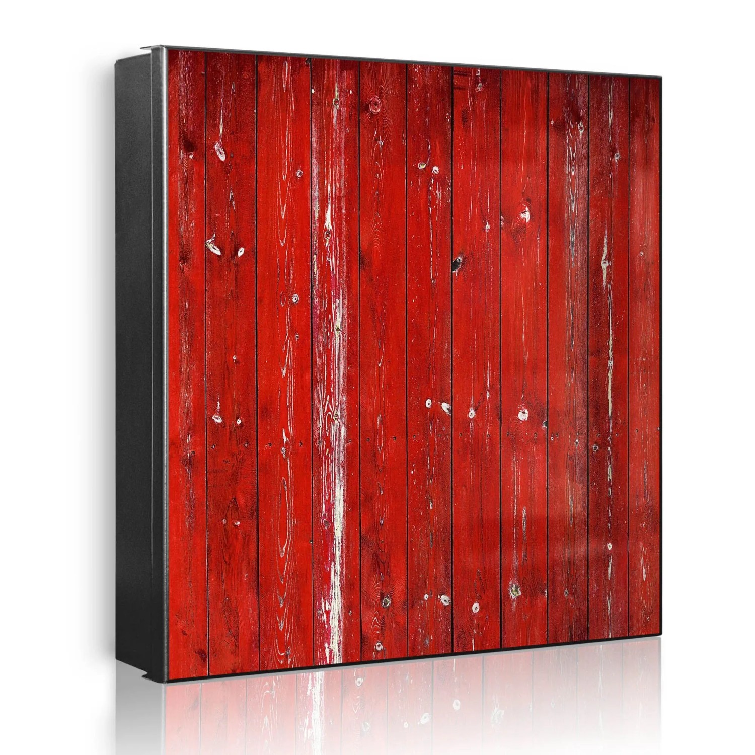 Banjado Großer Schlüsselkasten Metall 30x30cm Schwarz Scharnier Links 50 Haken Beschreibbar Magnetisch Motiv Rote Holzlatten