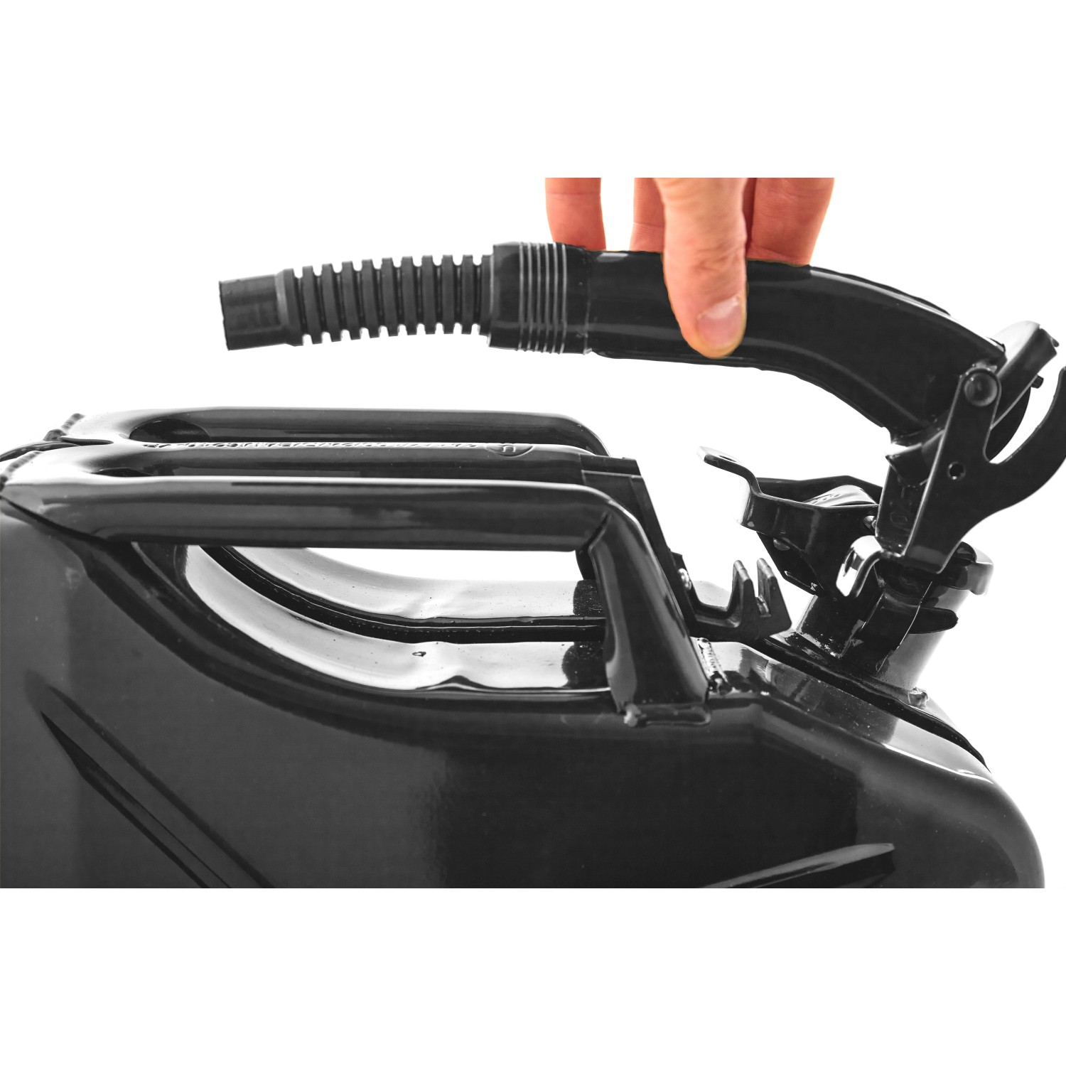 Schwarzer 10L Metall Kraftstoffkanister mit Ausgießer für Benzin, Diesel & E10.