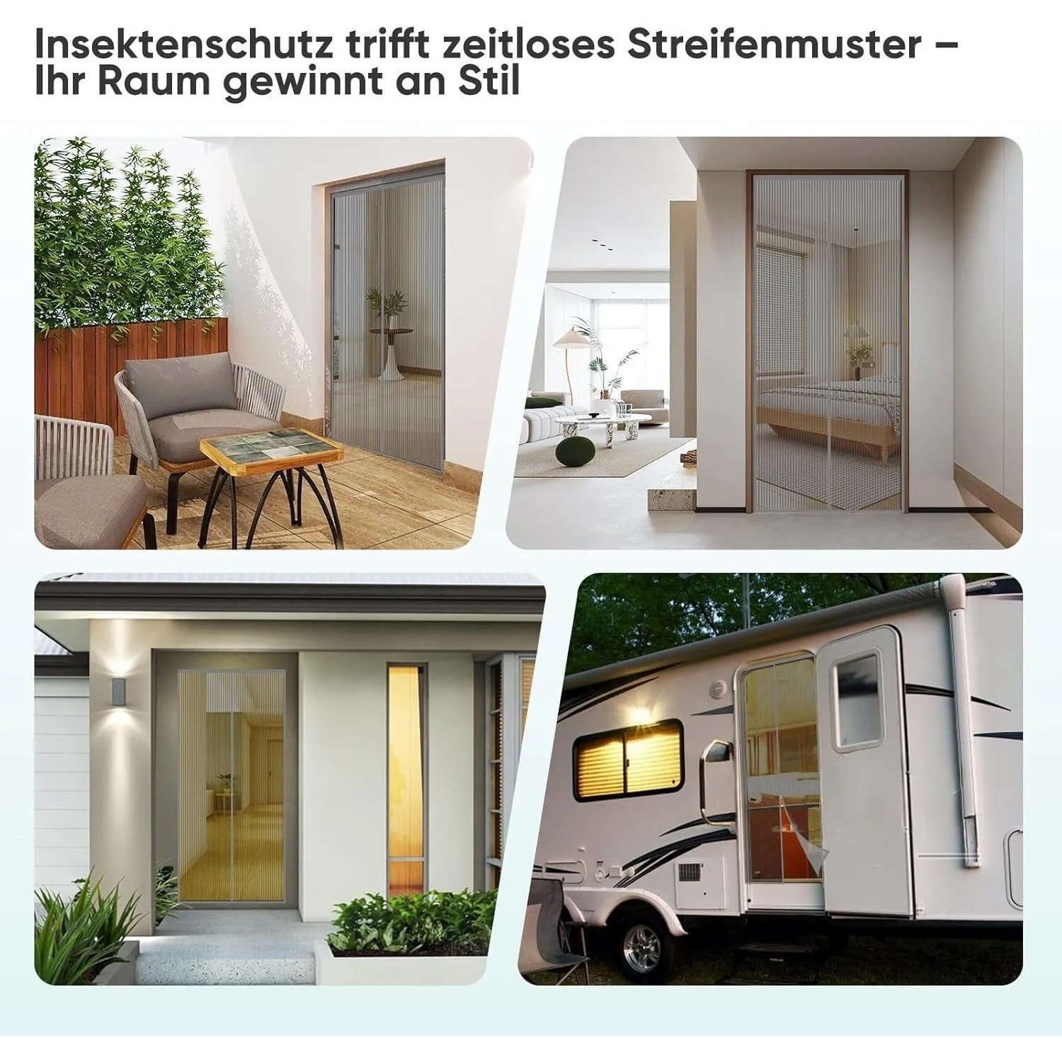 Grauer Sekey Insektenschutz-Türvorhang mit Streifenmuster. Vielseitig für Balkontür, Haus, Wohnraum, Wohnmobil. Katzensicher.