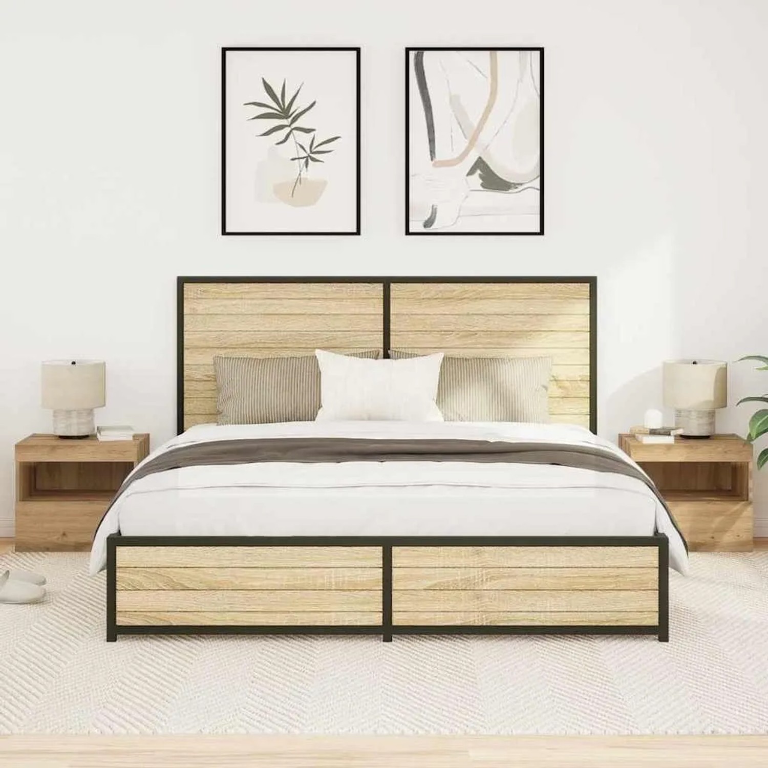 Zwei Nachttische Eiche Handwerklich, 50x40x45 cm, mit offenem Regal. Moderner Stauraum im Schlafzimmer.