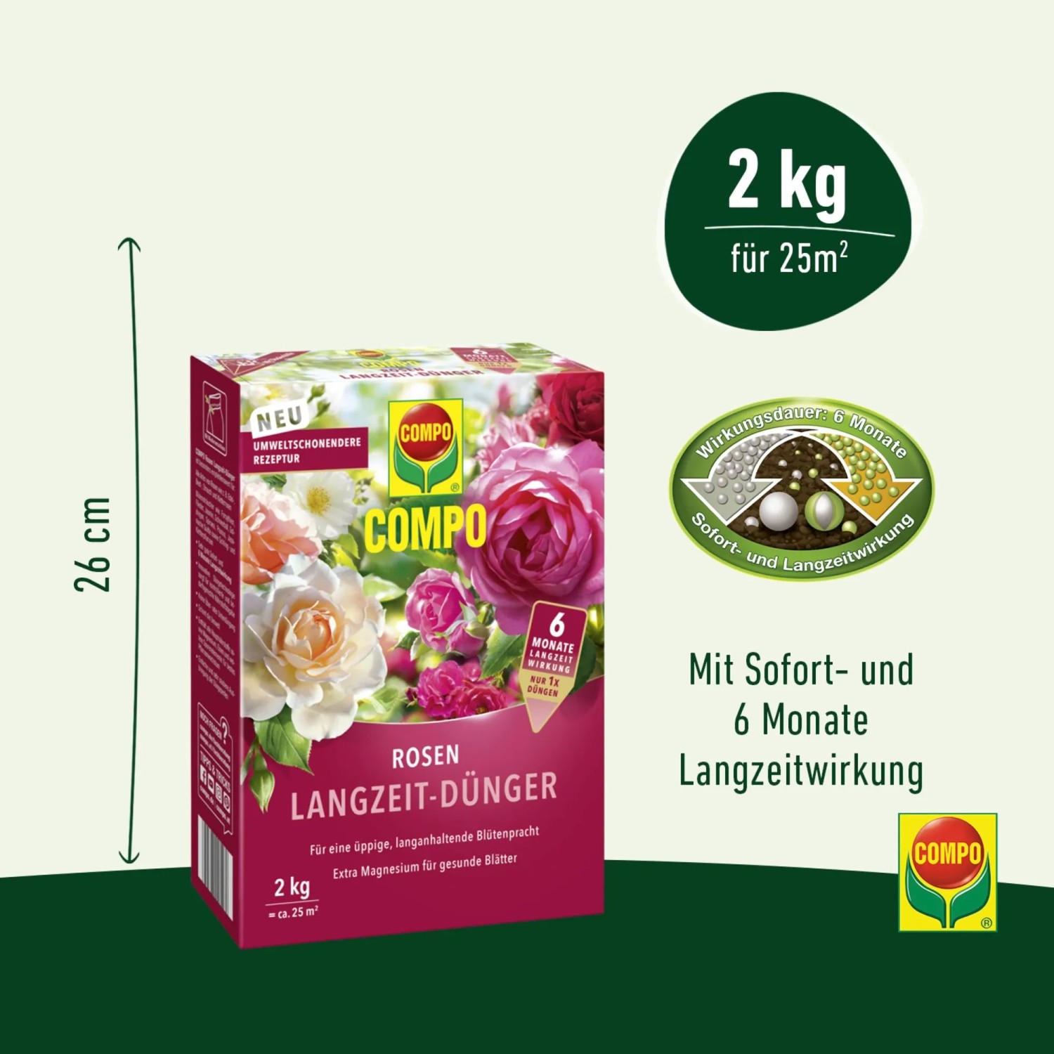 Compo Rosen Langzeit-Dünger 2kg Packung mit Rosenabbildung und Hinweisen zur Anwendung.
