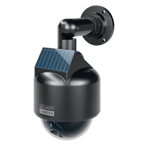 Schwarze Basi Solar Kamera-Attrappe mit Blinklicht und Wandhalterung für den Außenbereich.