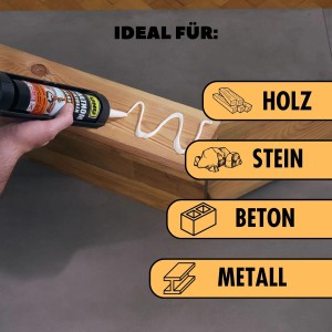 UHU Kraft Montage Universal Kleber aus Kartusche wird auf Holz aufgetragen.
