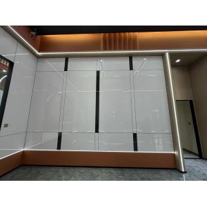 Hochglanz weisse Wandpaneele/Deckenpaneele (260x122cm) mit schwarzen Akzenten und LED-Beleuchtung.