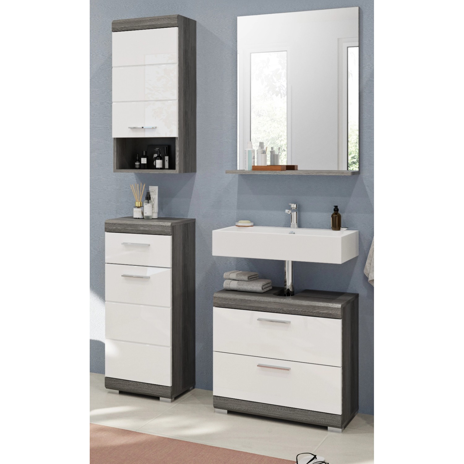 Inn.Furn Badmöbel-Set Weiß Hochglanz Grau 4-teilig 112 cm Vollauszug Shawn günstig online kaufen