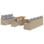 Beiges 10-teiliges vidaXL Garten-Sofa-Set aus Poly Rattan mit Tisch und Kissen.