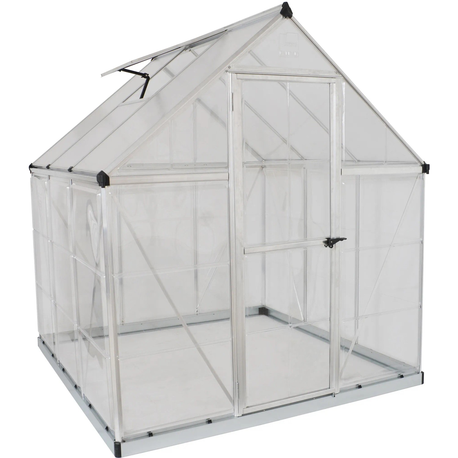 Palram Canopia Hybrid Gewächshaus, 1.9x1.9 m, silberner Rahmen, klare Wände, mit Dachfenster und Tür.