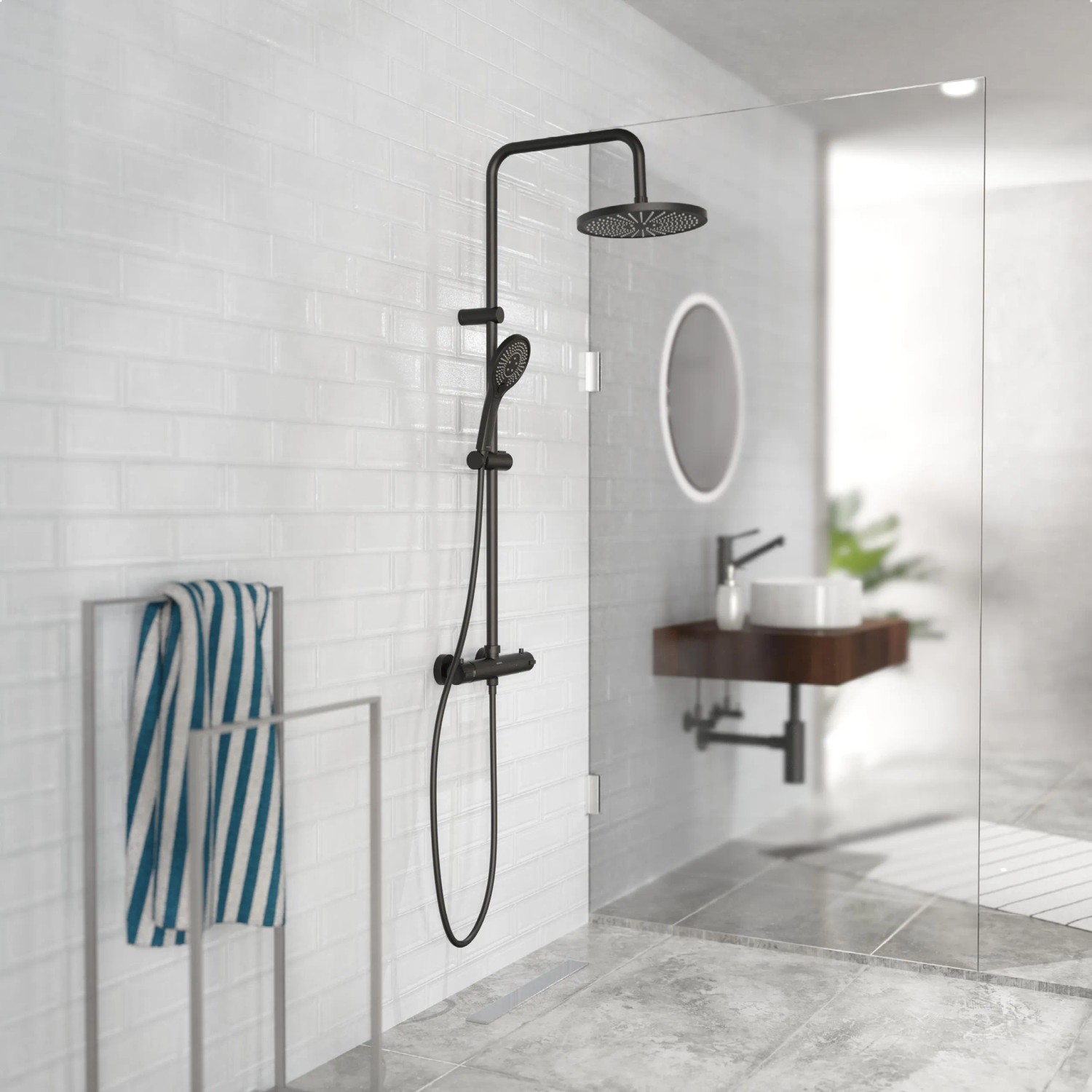Schütte Adria Überkopf-Brauseset mit Thermostatarmatur, Schwarz Matt, im modernen Badezimmer.