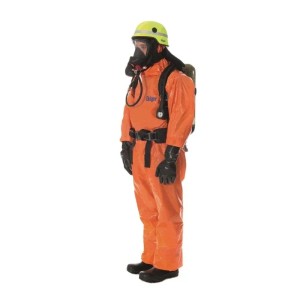 Oranger Dräger Chemikalienschutzanzug SPC 4800, antistatisch, mit Atemgerät, Helm und Maske für Chemiearbeiten.