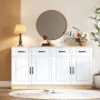 Weißes Merax Sideboard 160 cm mit Holzoptik-Platte, 4 geriffelten Türen und 4 Schubladen im Wohnzimmer.
