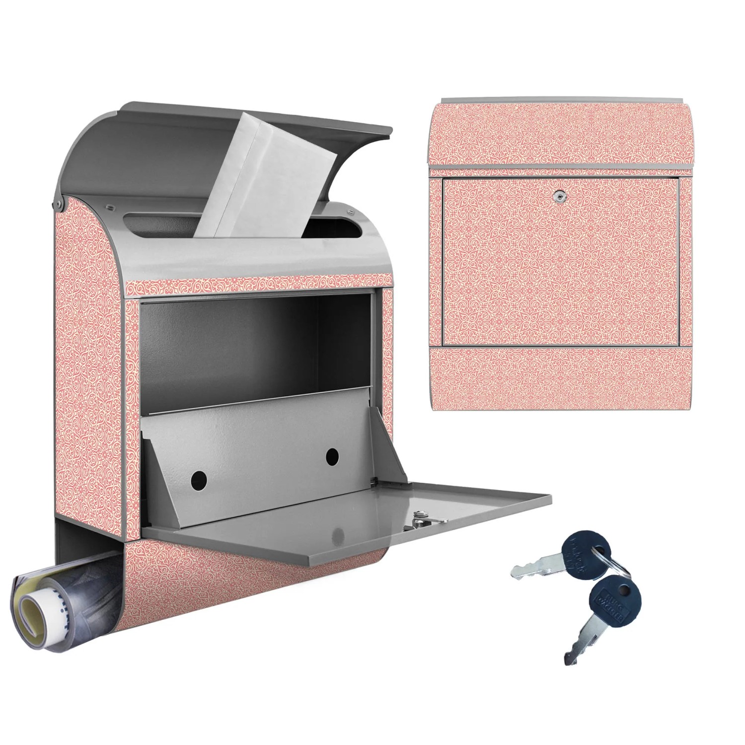 Banjado Design Briefkasten Silber mit rosa Arabesque Motiv und Zeitungsfach, inkl. Schlüssel.