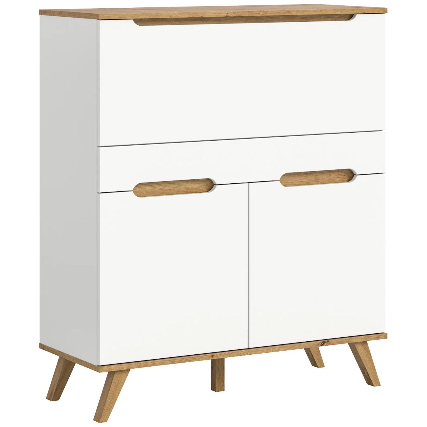 Weißer Sekretär Hygge, skandinavisches Design, Eiche-Akzente. Mit Klappe, Schublade, Türen. Kompakter Stauraum.