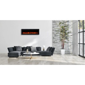 EL Fuego Elektrokamin Cortina B110 cm an Wand im Wohnzimmer mit Sofa und Pflanze.