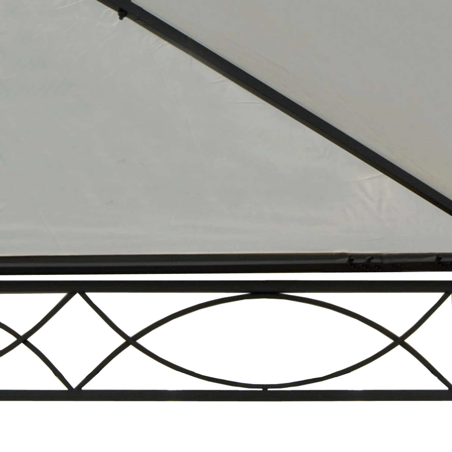 Detailansicht der creme-farbenen MCW Pergola Calpe 5x3m mit Stahlgestell und dekorativen Metallelementen.