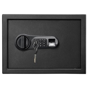 Anthrazitfarbener KARAT Tresor mit elektronischem Schloss, Fingerabdrucksensor und Schlüssel.