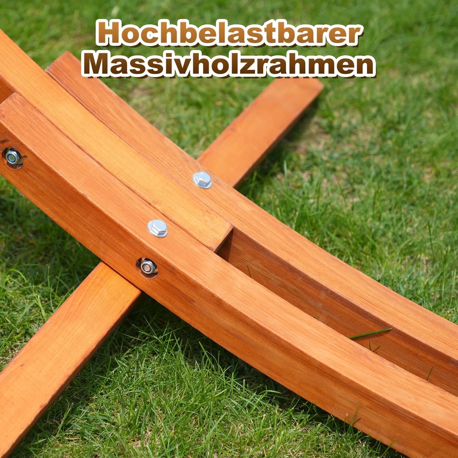 Detailaufnahme des Holzgestells der HOMAVO Hängematte in Beige. Stabile Konstruktion mit Schrauben.