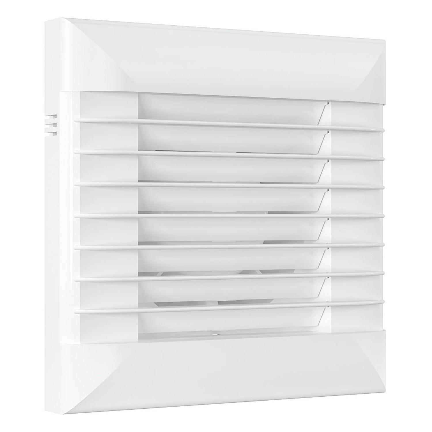 Weißer VLANO Badlüfter FLAP 125 mit Jalousien für Bad und WC.