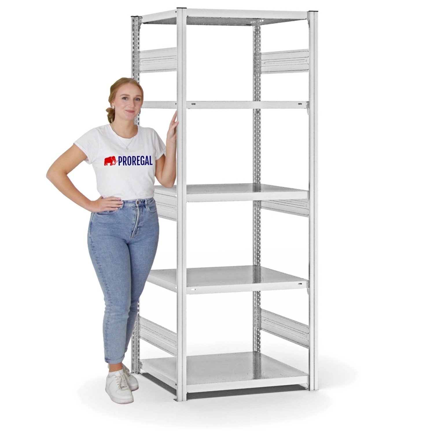 Lichtgraues PROREGAL Fachbodenregal (200x75x60cm) mit 5 Ebenen, beidseitig nutzbar, Traglast 330kg.