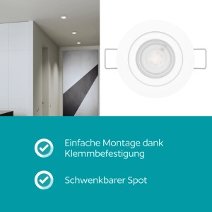 Weißer EGLO LED-Einbaustrahler GU10 Ø9cm, Detailansicht und in moderner Decke. Schwenkbar, einfache Montage.