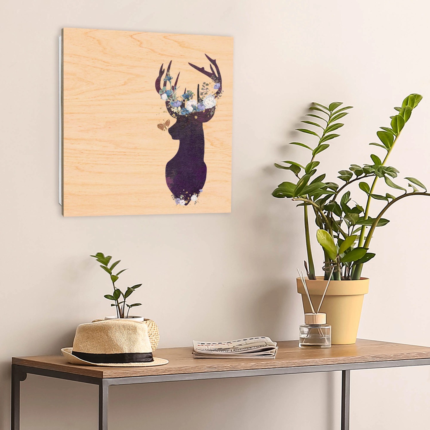 Banjado Schlüsselkasten mit Hirsch-Motiv auf Holzfront, 30x30cm, weiße Schlüsselaufbewahrung mit 50 Haken.