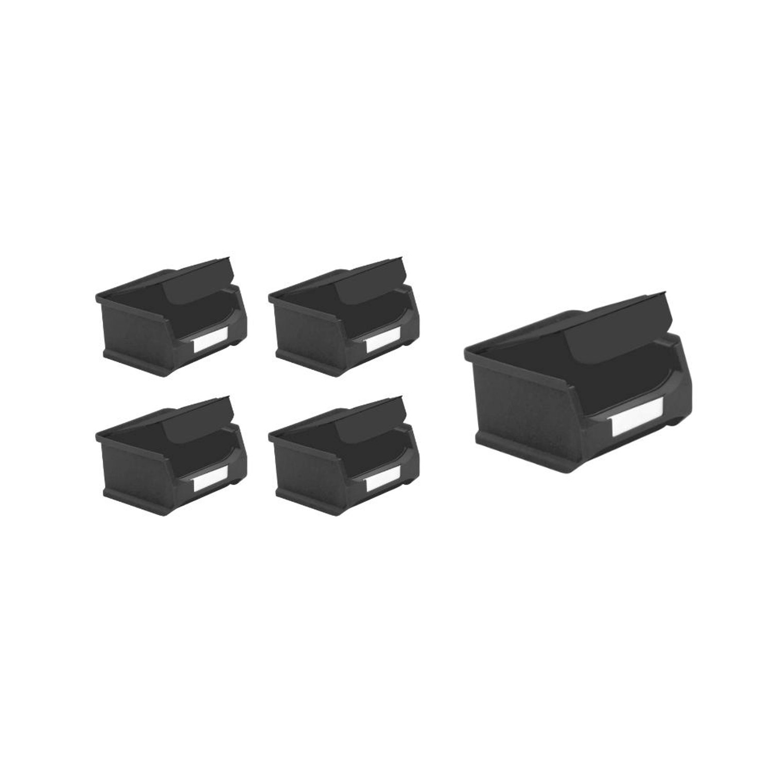 Sparset: 5 leitfähige, schwarze Sichtlagerboxen (0,4L) mit Abdeckung, geeignet für Werkstatt und Lager.