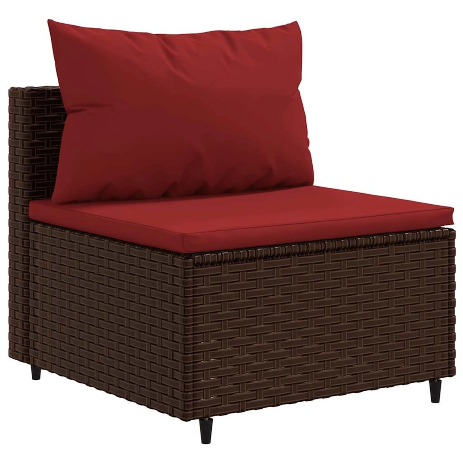 Braunes vidaXL Gartenmöbel Lounge-Set aus Polyrattan mit roten Kissen.