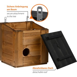 Dobar Eichhörnchenkobel Tallinn aus braunem Holz mit abnehmbarem schwarzem Dach, rundem Eingang und Befestigungshaken.