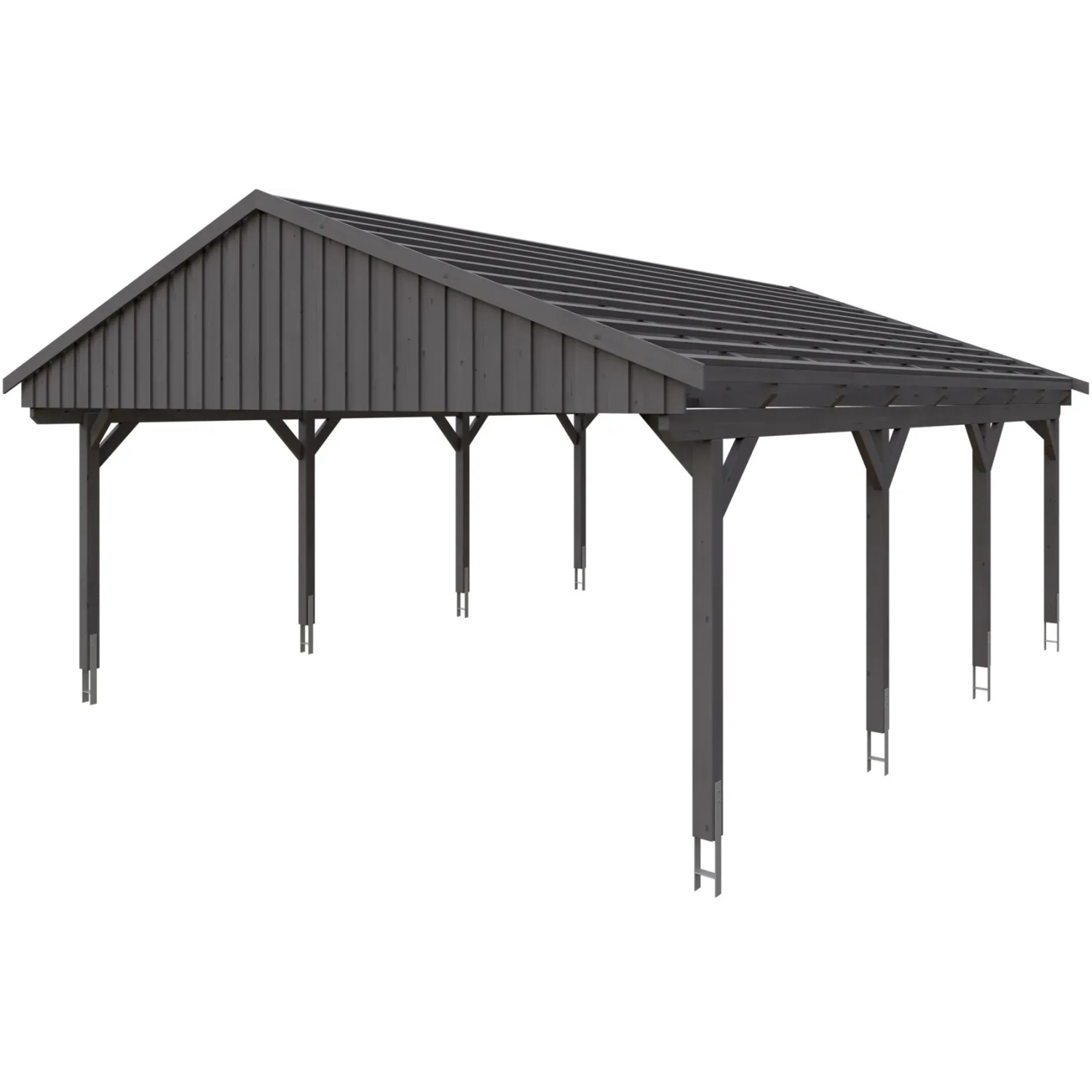 Skan Holz Carport Fichtelberg, Doppelcarport aus Fichte in Schiefergrau mit Dachlattung.