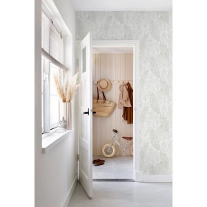 ESTAhome Vliestapete mit gezeichneten Blättern in Grau für Wohnraumgestaltung.