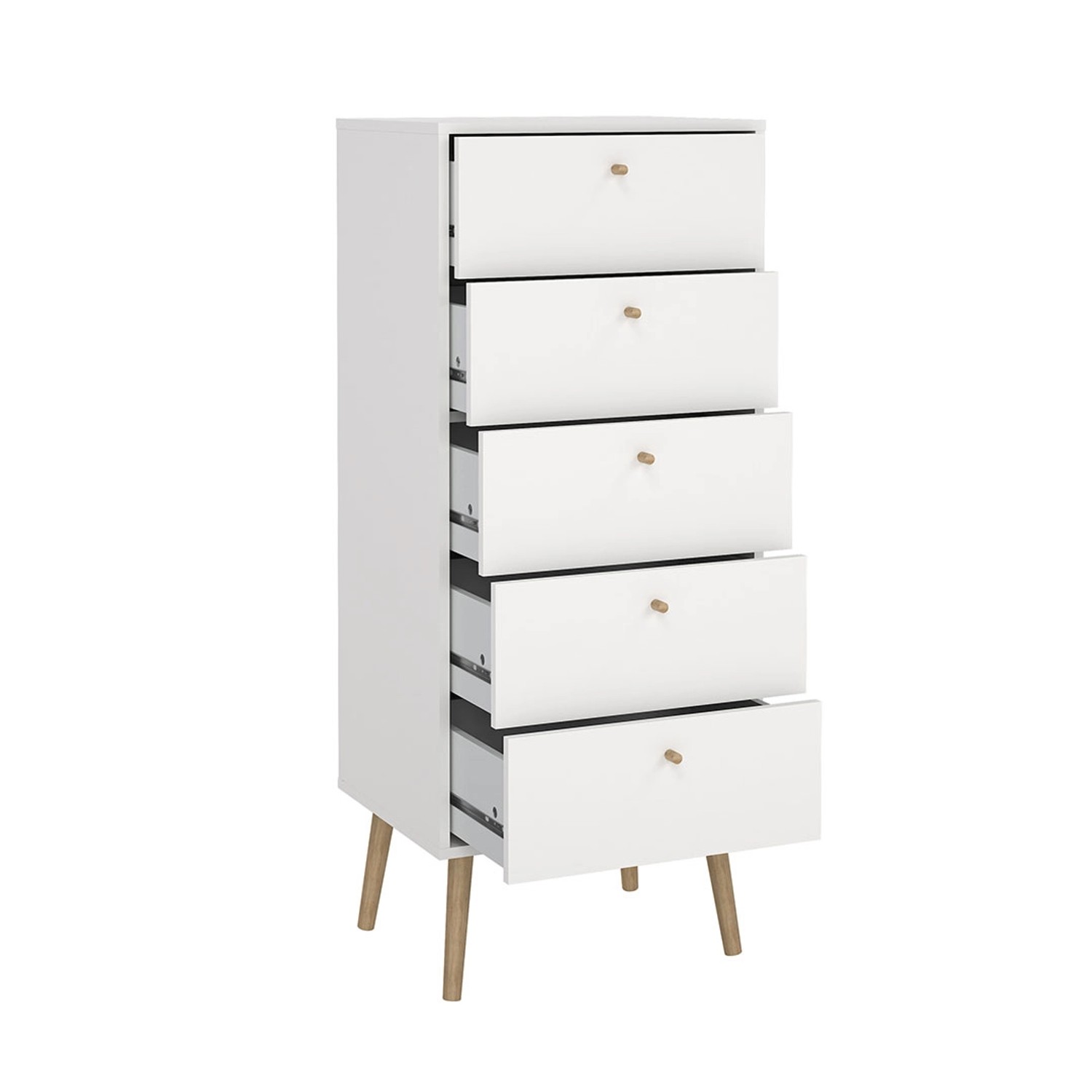 Weiße ebuy24 Bodo Kommode mit 5 Schubladen und Holzfüßen. Ideal für Schlafzimmer und Wohnzimmer.