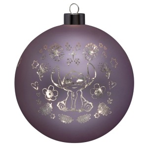 Violettes Disney Stitch Kugellicht, beleuchtete Weihnachtskugel mit silbernem Stitch Motiv und floralen Mustern.