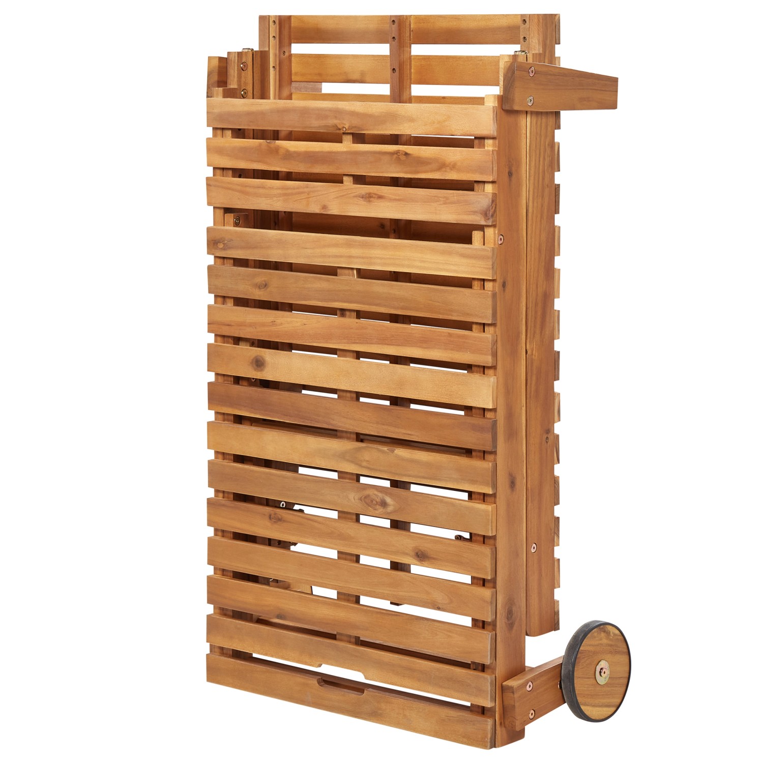 Zusammengeklappte, helle Holzfarbene Beliani Gartenliege mit Rollen für einfachen Transport.