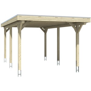 Weißer Skan Holz Carport Spessart mit flachem Dach und sechs Pfosten.