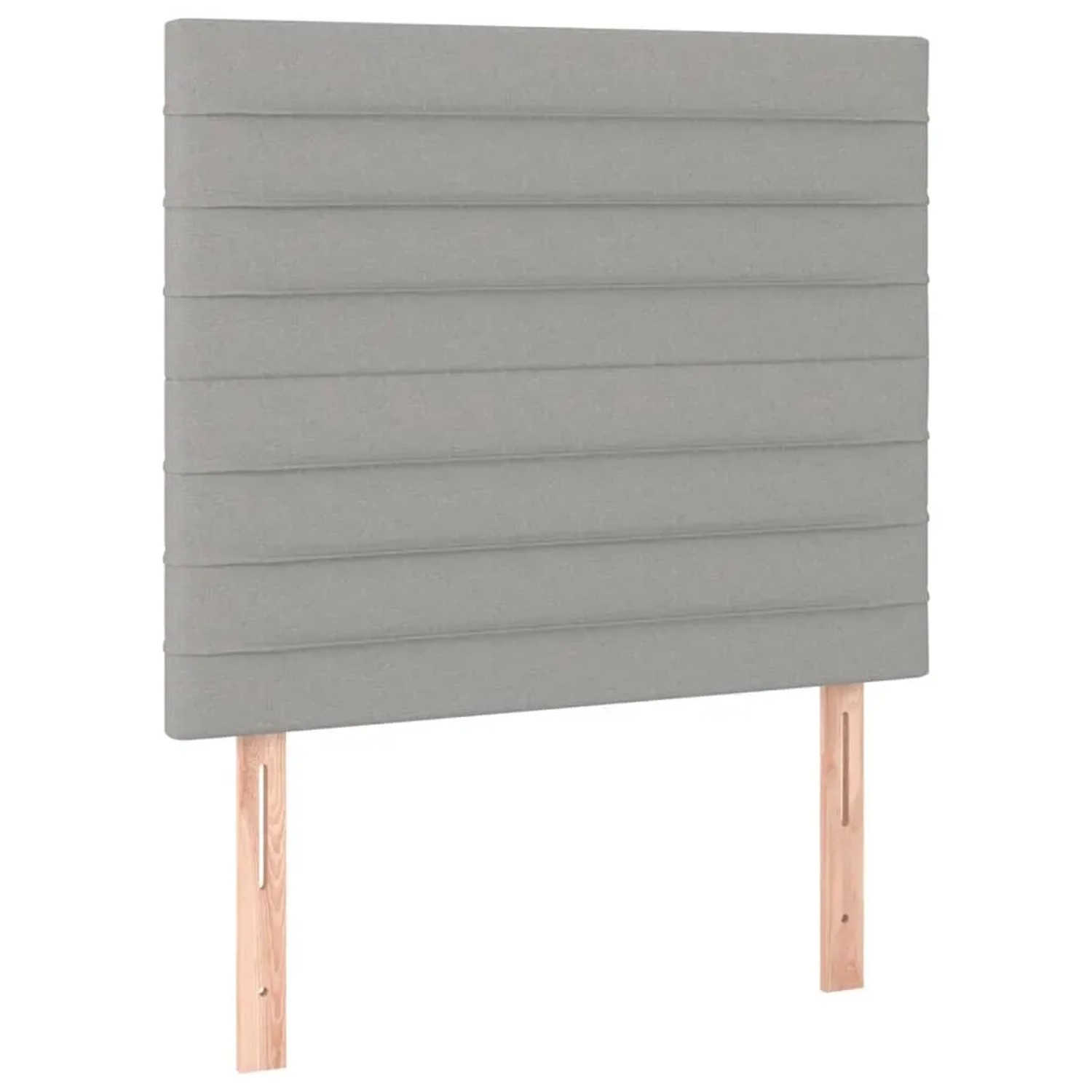 Hellgraues Boxspringbett Kopfteil mit Stoffbezug und Holzfüßen, Betten Kategorie.