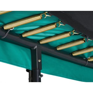 Detailaufnahme Federn und Rahmen des grünen Salta Trampolin First Class 427x244 cm.