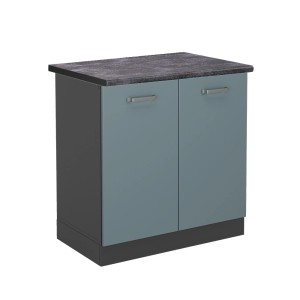 Vicco Spülenunterschrank R-Line, blau-graue Front, anthrazitfarbene Arbeitsplatte, 80 cm breit.