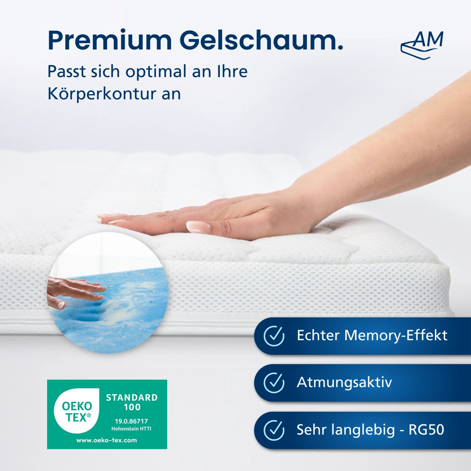 AM Premium Plus Gelschaum Topper 160x200 cm: Hand testet die Anpassungsfähigkeit der Matratze.