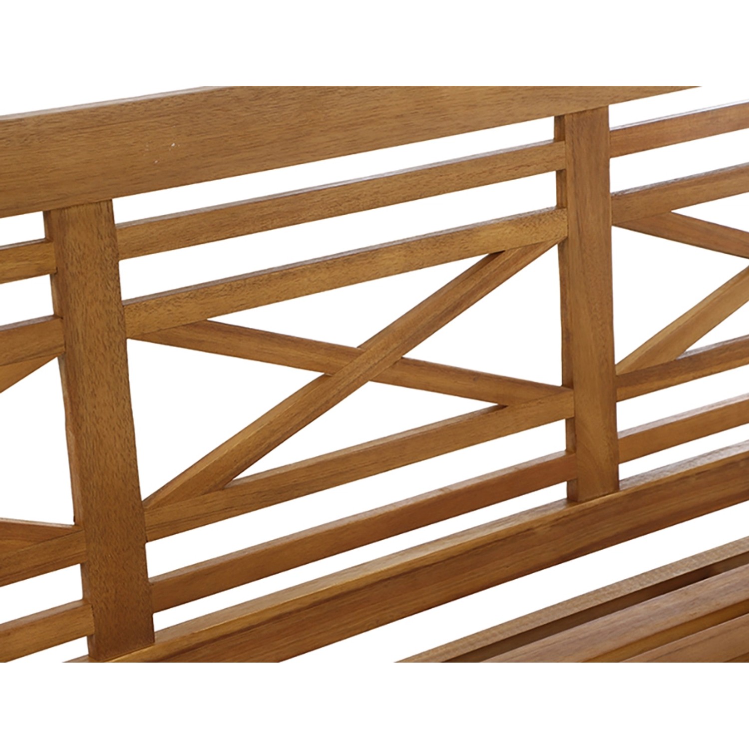 Detailansicht der Rückenlehne der 3-Sitzer Gartenbank Westport aus Akazienholz.