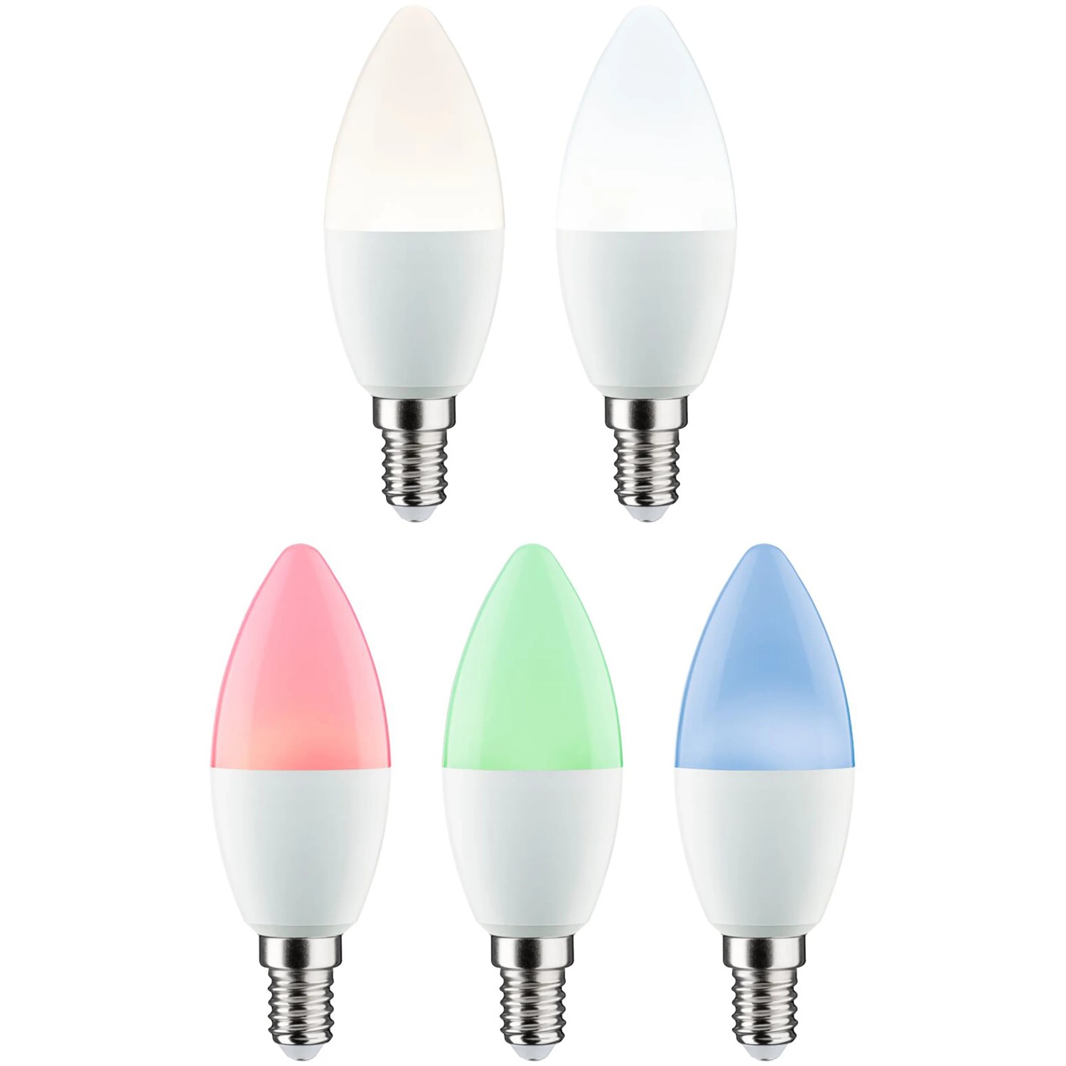 Paulmann E14 LED Leuchtmittel Kerzenform, 5er Set mit Farbwechsel und warmweißem Licht.