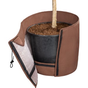 Brauner Thermo-Topfschutz (75 cm x Ø 40 cm) für Topfpflanzen im Garten, mit Luftpolsterfolie und Klettverschluss.