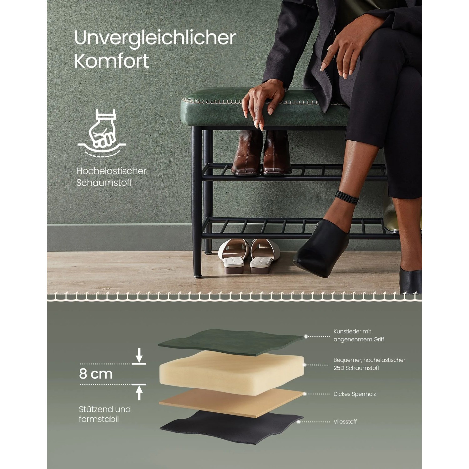 Grüne Vasagle Schuhbank (80x50cm) mit Ablagen und bequemer Sitzfläche. Ideal für den Flur.