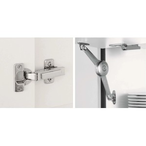 Hochwertige Metallbeschläge für Impuls Küchen Hauswirtschaftsmodul: Scharnier und Klappenlift mit Soft-Close-Funktion.