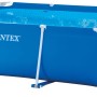 Blauer Intex Frame Pool Family, 220x150x60 cm, mit weißem Stahlrahmen.