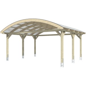 Weißes Skan Holz Bogendach-Carport Franken mit Doppelstegplatten und sechs Pfosten.