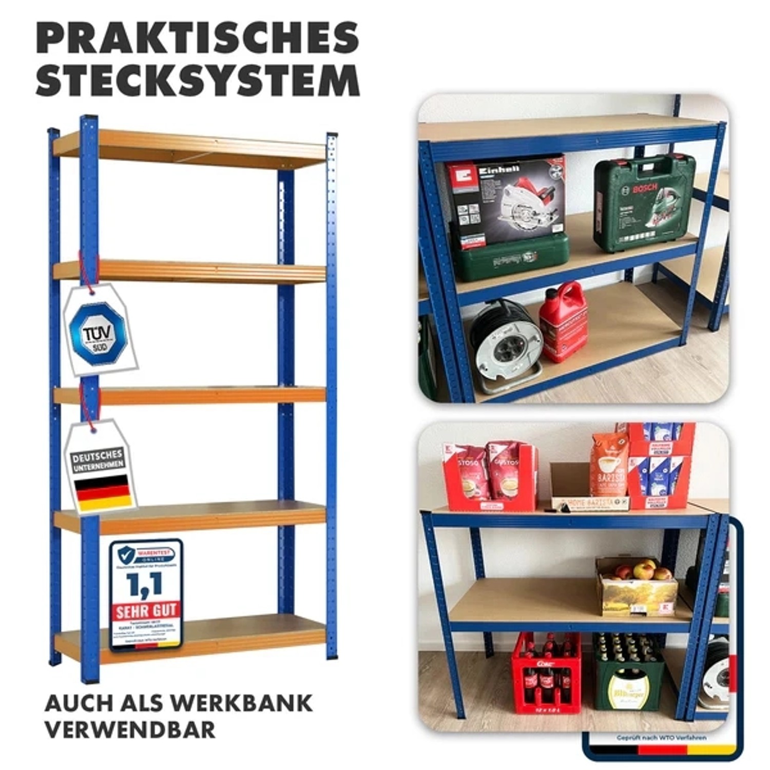 Blau-oranges Schwerlastregal KARAT mit fünf Böden, ideal für Werkstatt, Keller oder Garage.